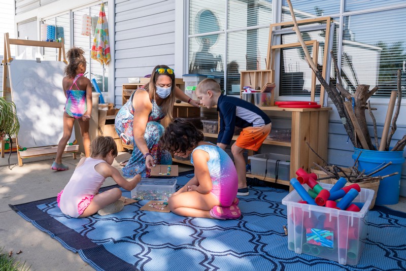 Redesigned outdoor learning spaces at UD’s Early Learning Center keep children in “pods” to minimize the risk of spreading coronavirus